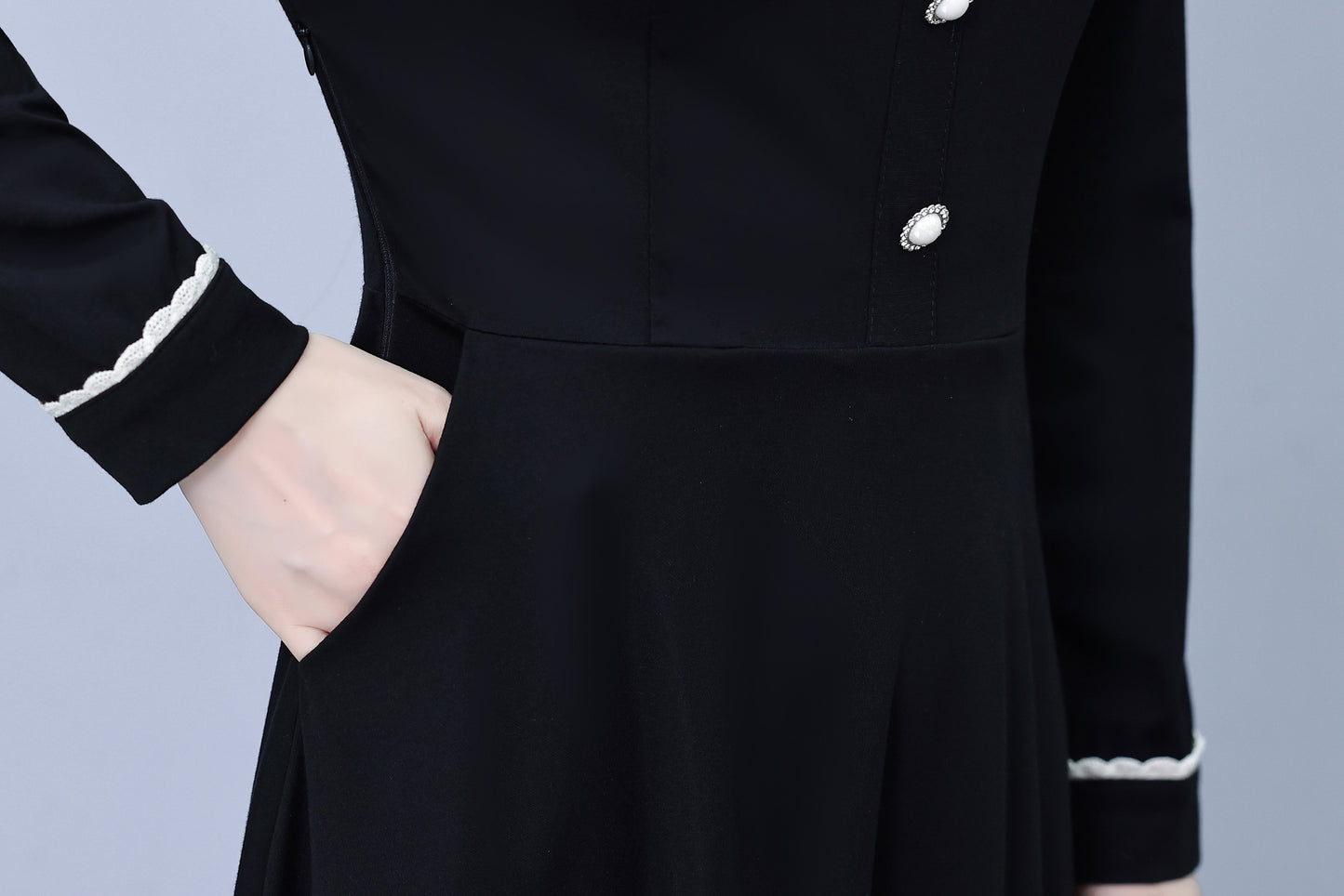 Women's Peter Pan Collar Long Sleeve Black Dress with Pocket