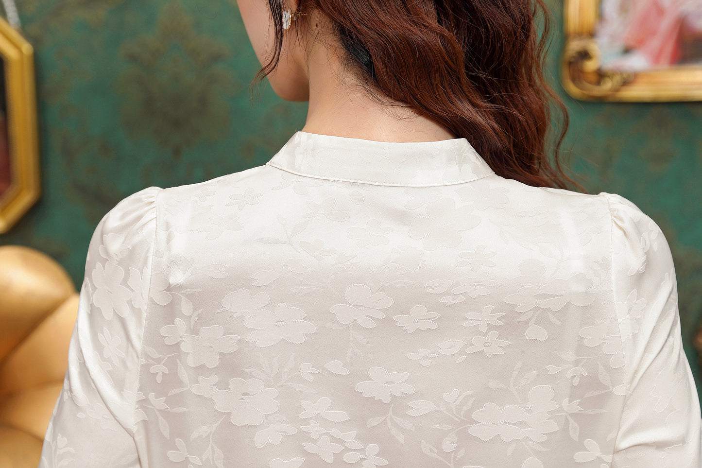 Women's Silk Satin Mandarin Collar Long Sleeve Blouse Top - LAI MENG FIVE CATS