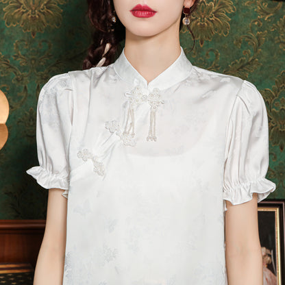 Women's Chinese Style Silk Satin Button Jacquard Blouse - LAI MENG FIVE CATS