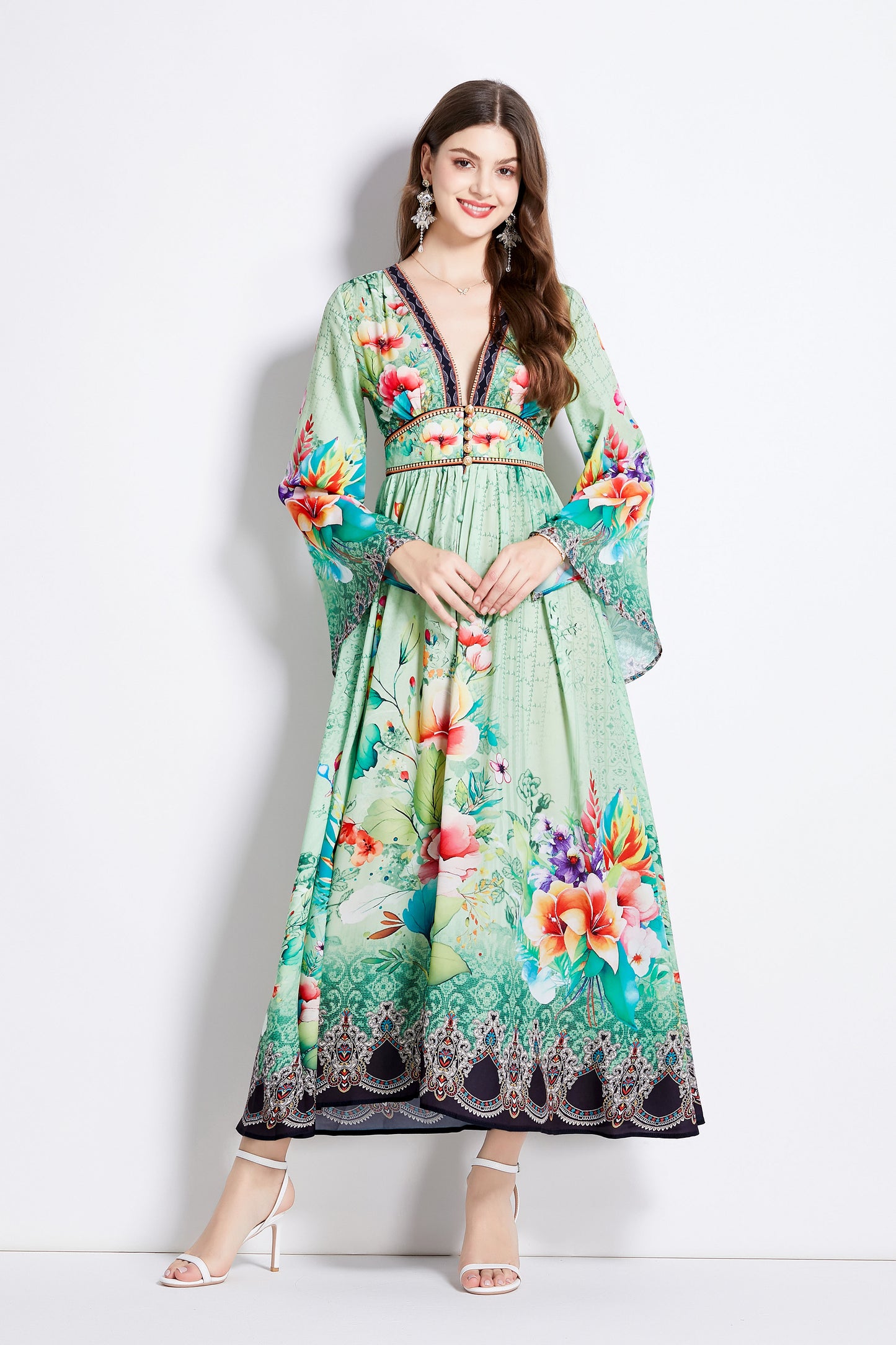 Womens Summer Flared Long Slit Sleeve Floral Print Deep V Neck Front Slipt Maxi Dress