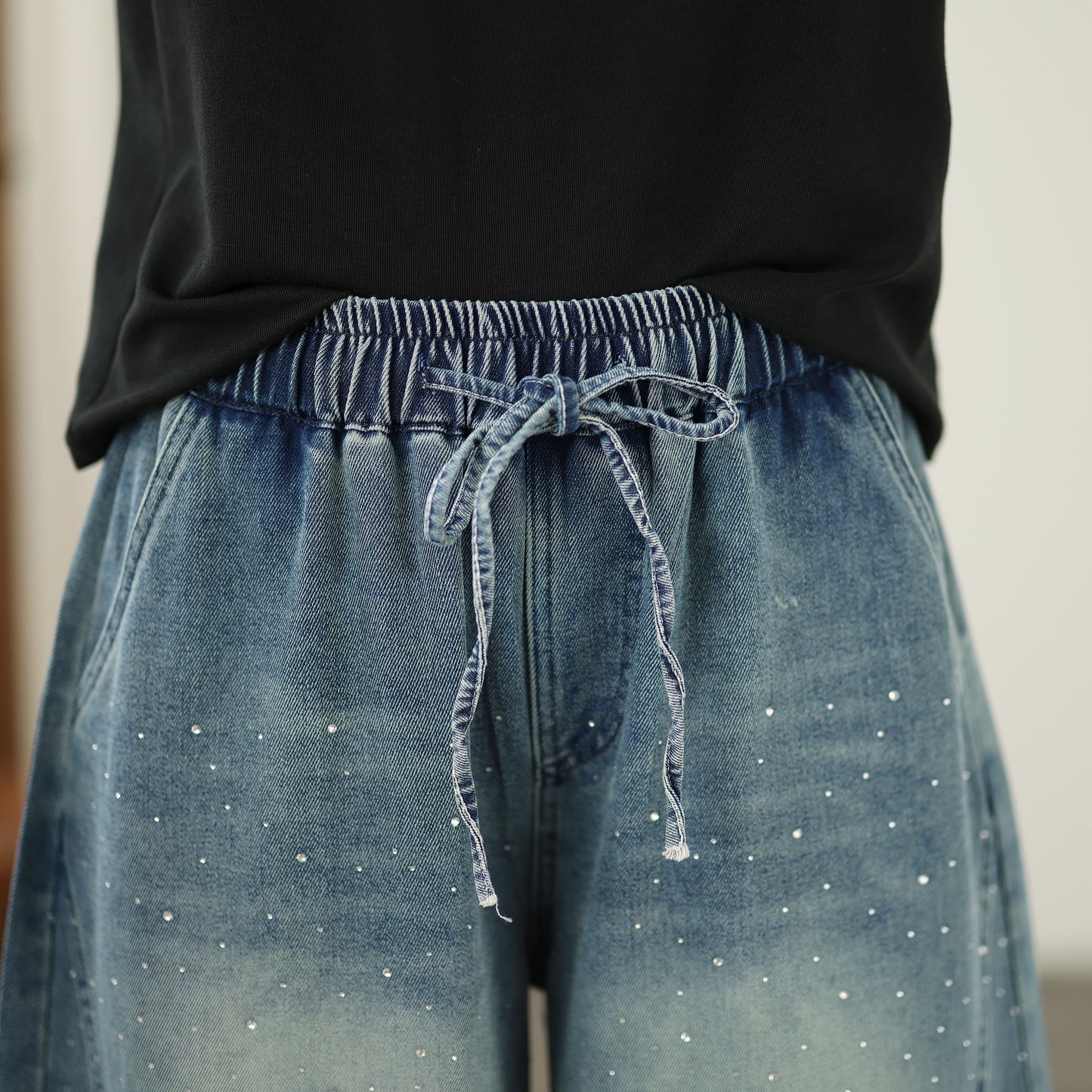 Women's Baggy Jeans Drawstring Waist Wide Leg Denim Pants