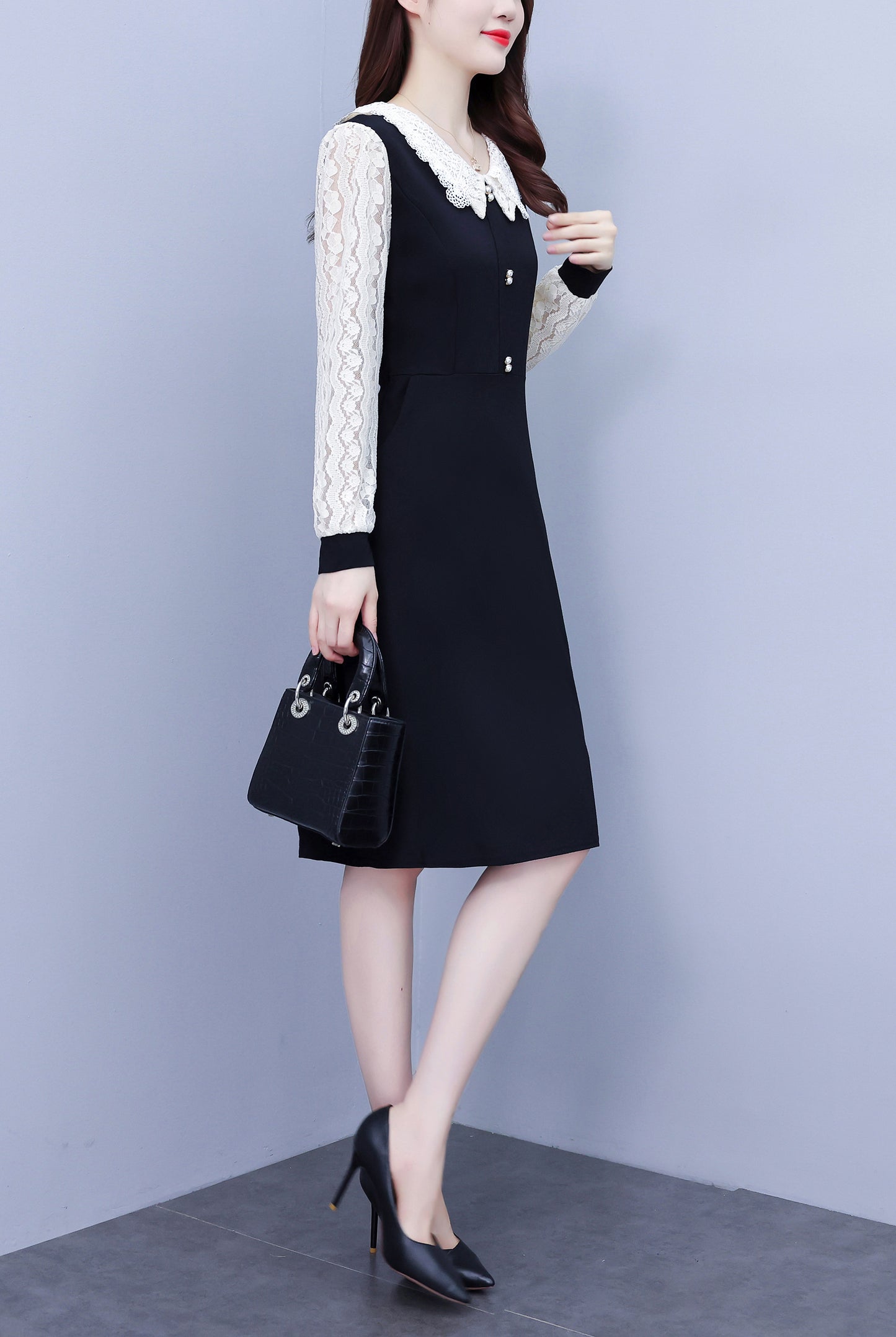 Women's Peter Pan Collar Long Sleeve Pocket Midi Dress