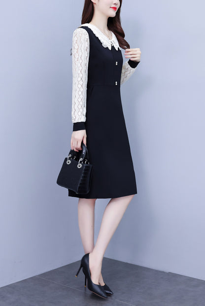 Women's Peter Pan Collar Long Sleeve Pocket Midi Dress
