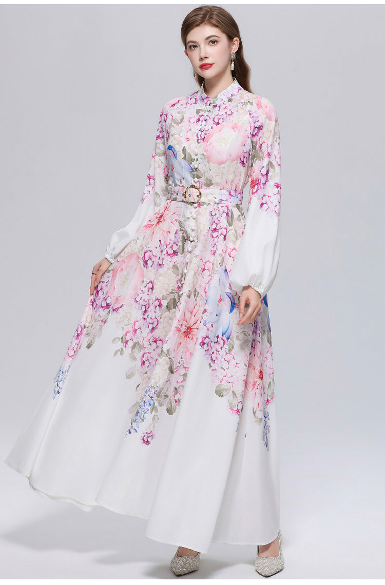 Women's Lantern Sleeve Floral Print Button Maxi Dress With Belts