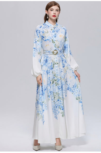 Women's Lantern Sleeve Floral Print Button Maxi Dress With Belts