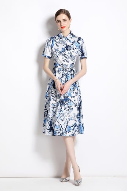 FSY-Women's Short Sleeve Floral Print Button Midi Dress