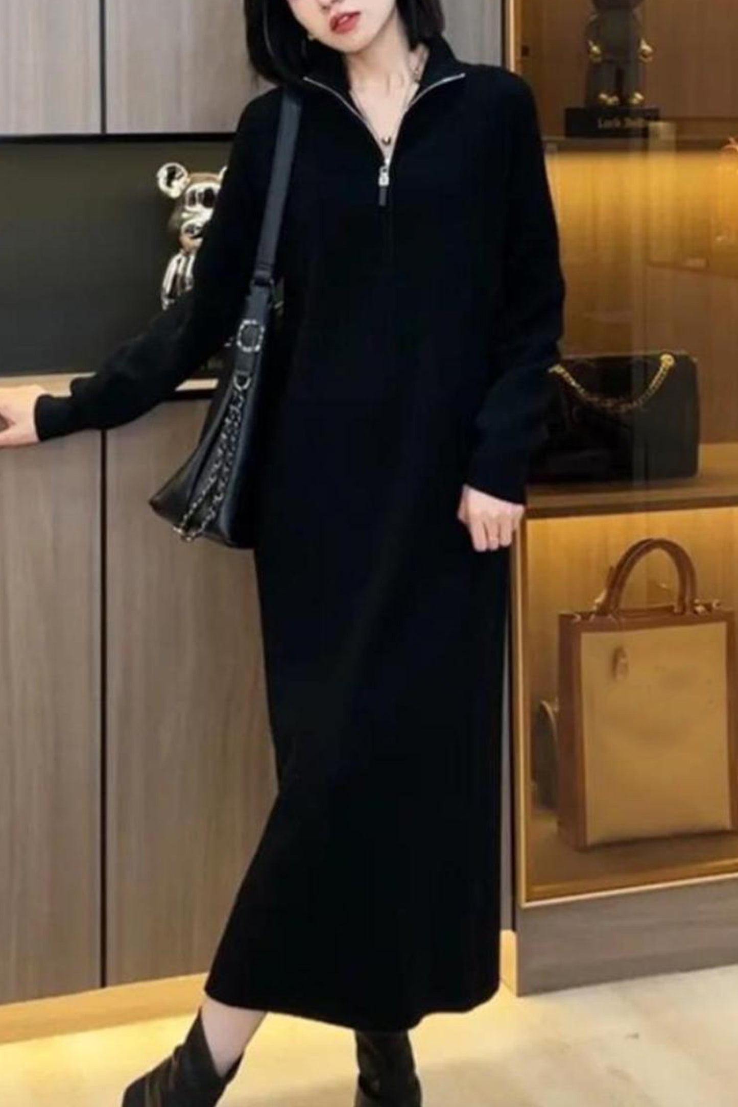 Women's Knit Long Sleeve Quarter Zip Sweater Maxi Dress