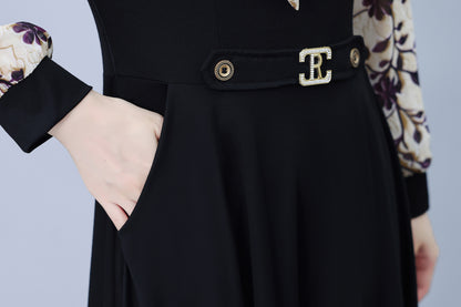 Women's V-Neck Long Sleeve Patchwork Black Dress