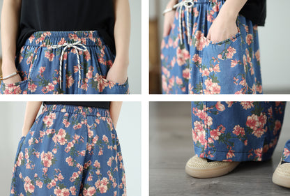 Women's Wide Leg Jeans Lightweight Wasited Elastic Print Y2K Pants - LAI MENG FIVE CATS