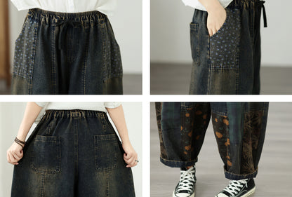 Vintage Patchwork Denim Harem Pants – Artistic Boho Lantern Jeans