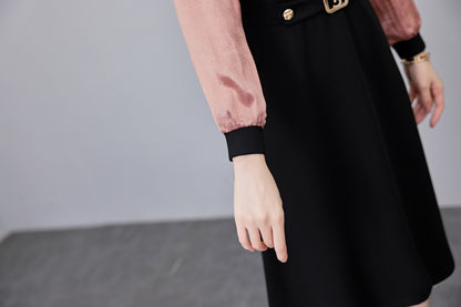 Women's Lapel V-Neck Pocket Long Sleeve Black Dress