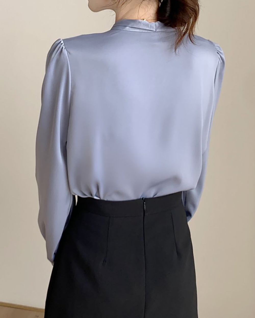 28686 Satin Tie-Neck Blouse with Button Front – Soft Blue Elegance for Fall