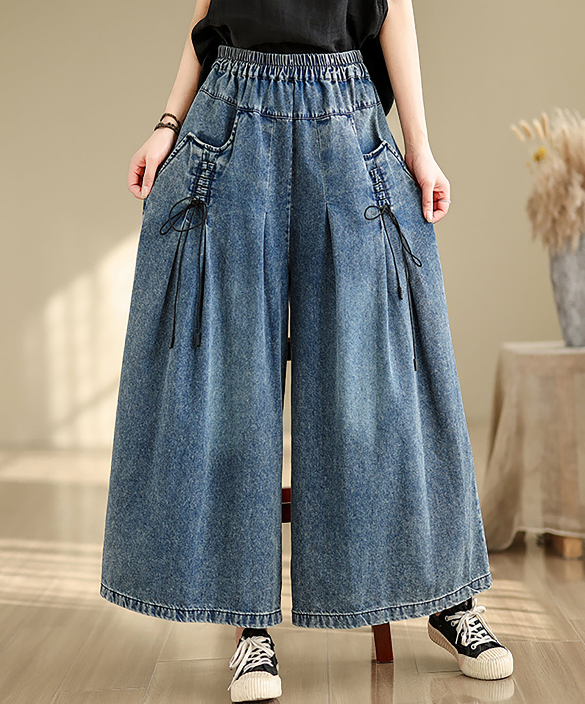 26266 Wide-Leg Denim Jeans with Elastic Waist & Drawstring