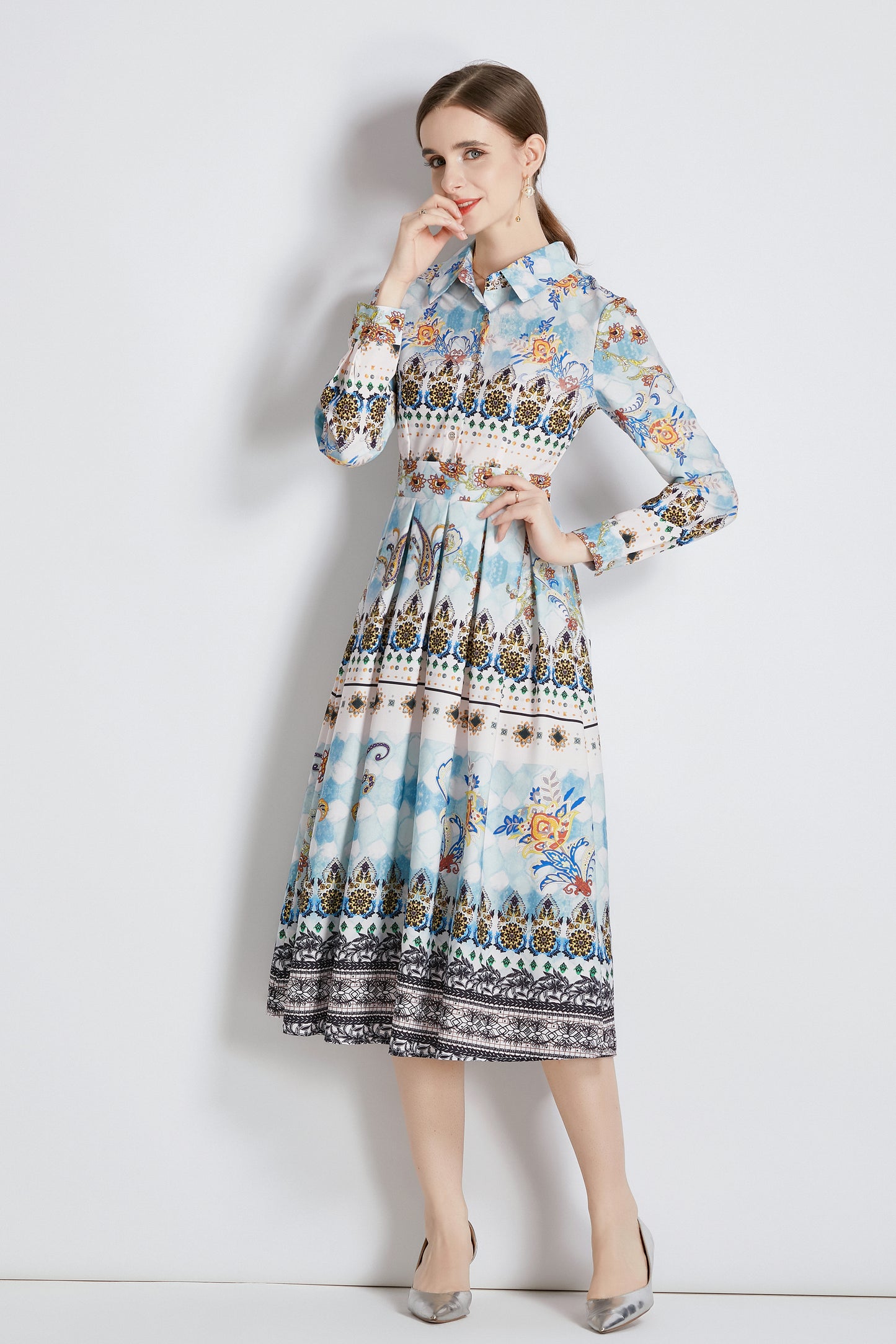 FSY-Women's 3/4 Sleeve Floral Print Button Midi Dress - LAI MENG FIVE CATS
