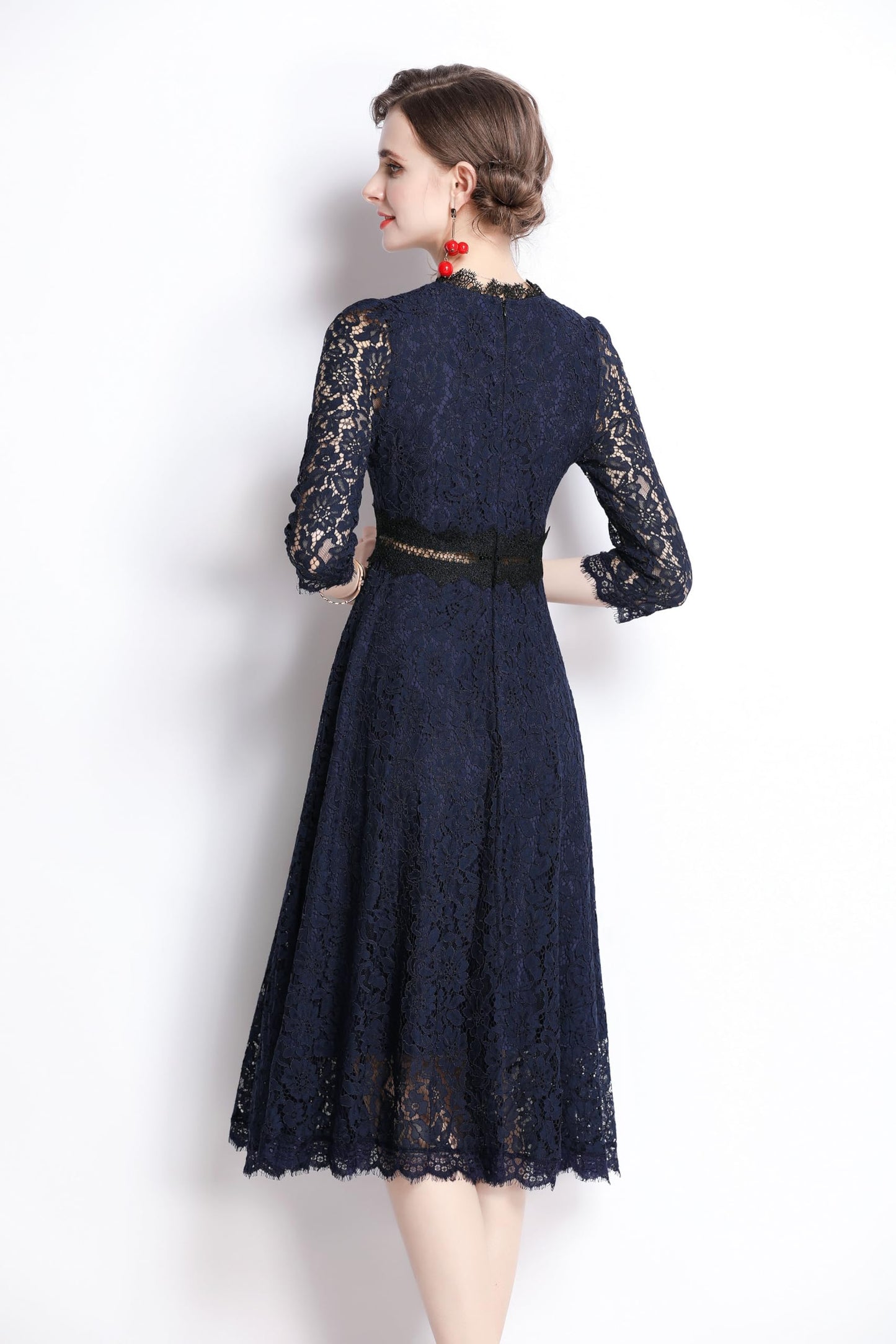 Women's 3/4 Sleeve Floral Lace Cocktail Party Midi Dress