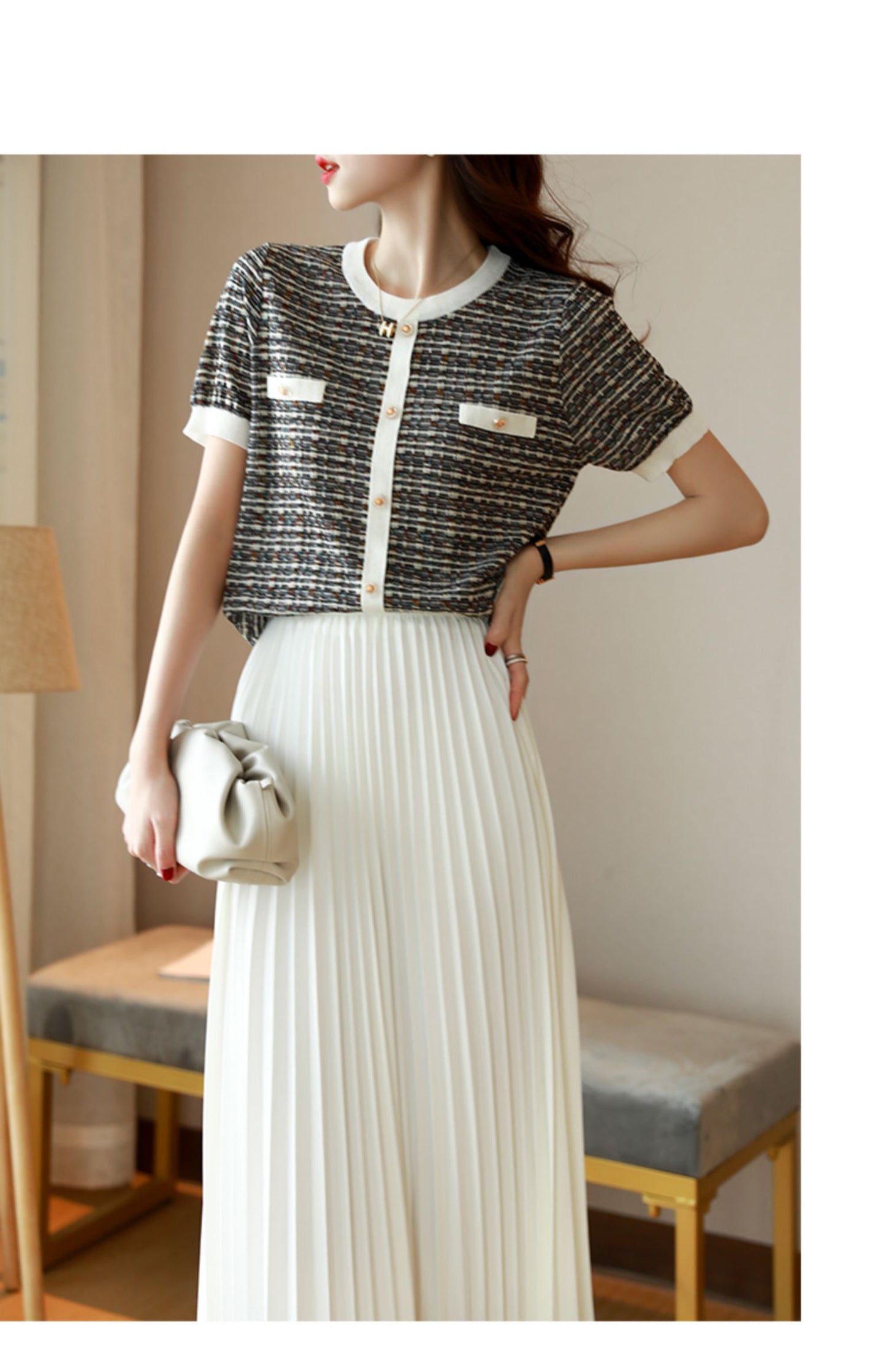 Chic Short-Sleeve Tweed Knit Top Short Sleeve Effortless Shirt