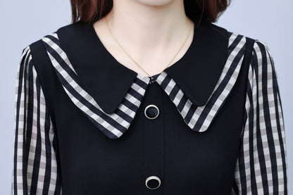 Women's Peter Pan Collar Long Sleeve Black Dress with Pocket - LAI MENG FIVE CATS