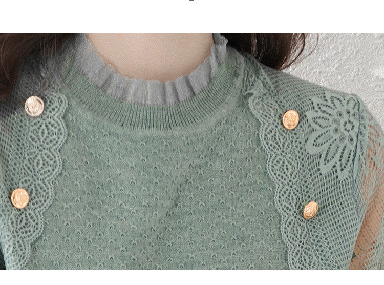 Women's Turtleneck Sweater Lantern Sleeves  Lace Tops - LAI MENG FIVE CATS