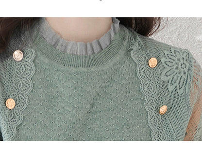 Women's Turtleneck Sweater Lantern Sleeves  Lace Tops - LAI MENG FIVE CATS