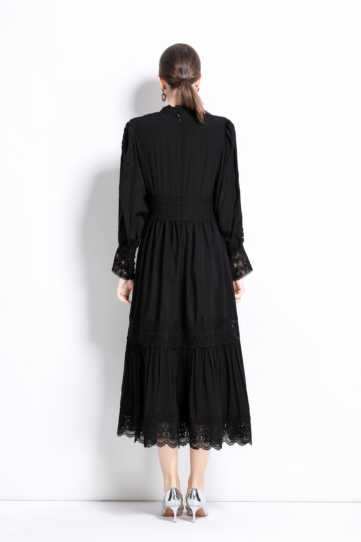 Women's Mock Neck Lantern Sleeve Lace Tiered Maxi Dress