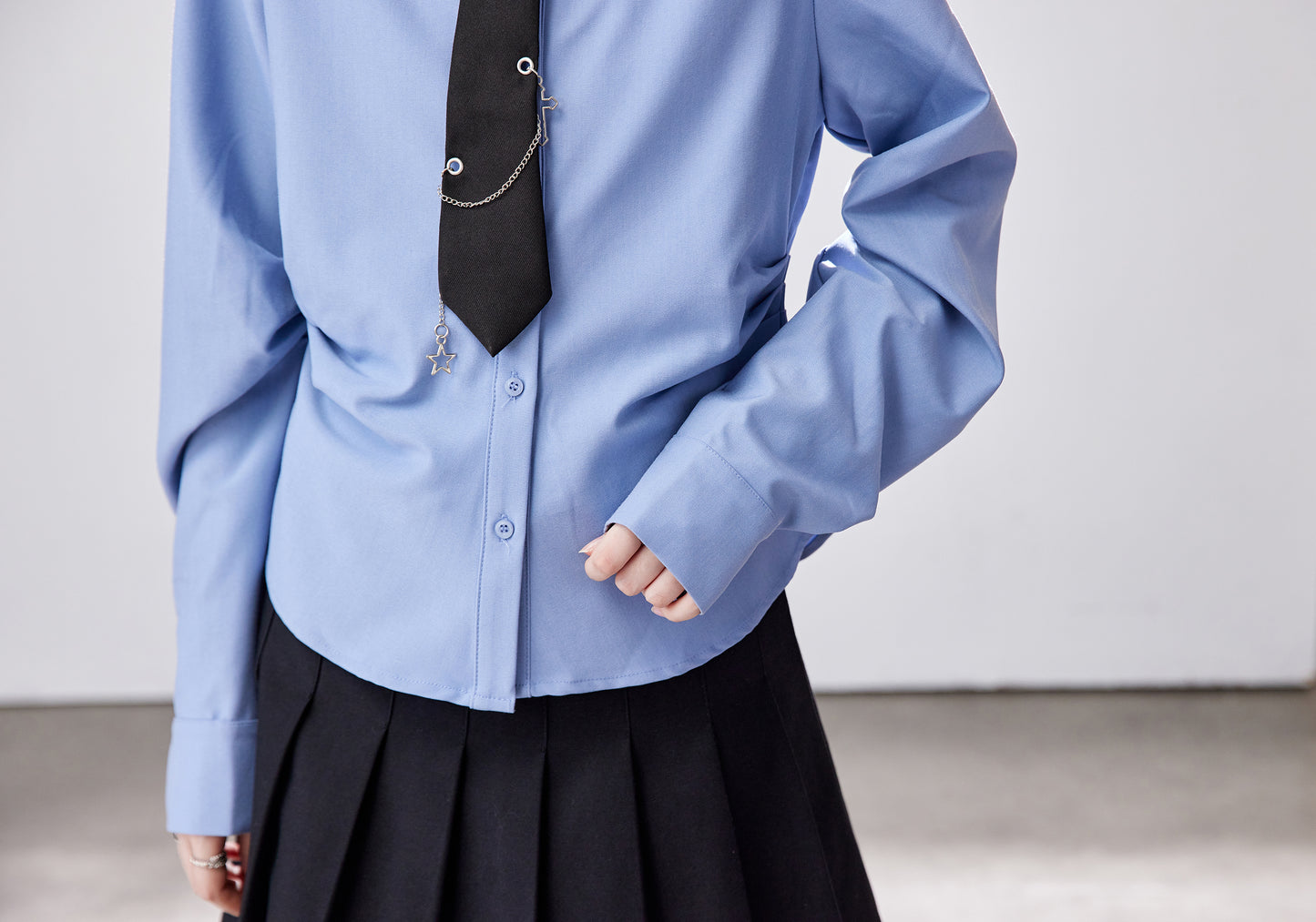 Elegant Light Blue Slim-Fit Shirt with Side Ruching & Tie Detail