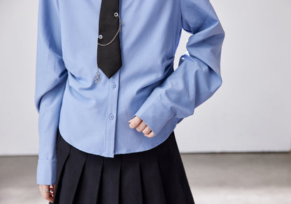 Elegant Light Blue Slim-Fit Shirt with Side Ruching & Tie Detail