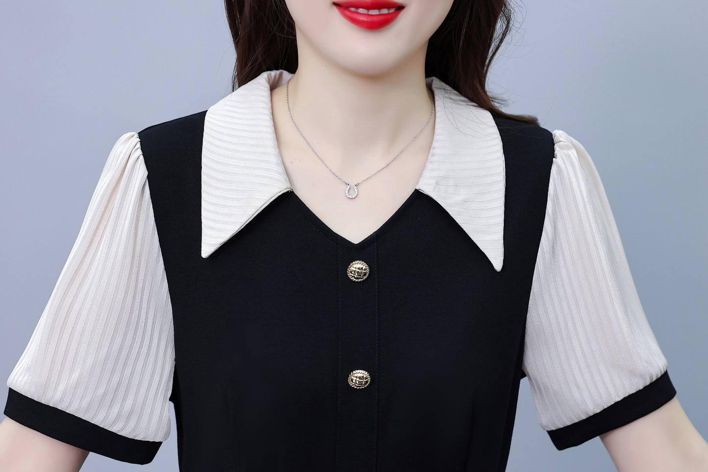 Women's Lapel V-Neck Pocket Short Sleeve Midi Dress - LAI MENG FIVE CATS