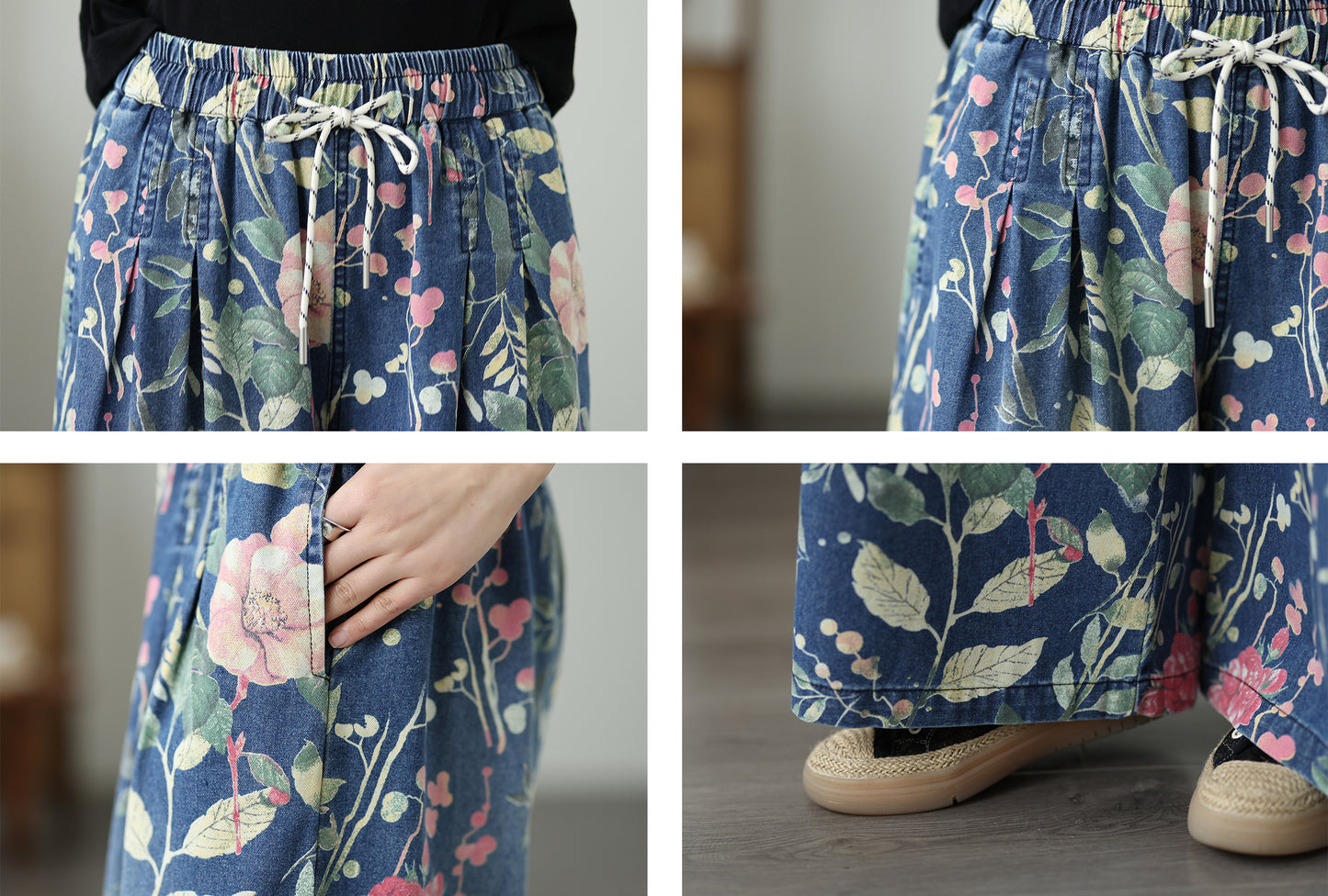 Women's Wide Leg Jeans Baggy Floral Wasited Elastic Pants - LAI MENG FIVE CATS