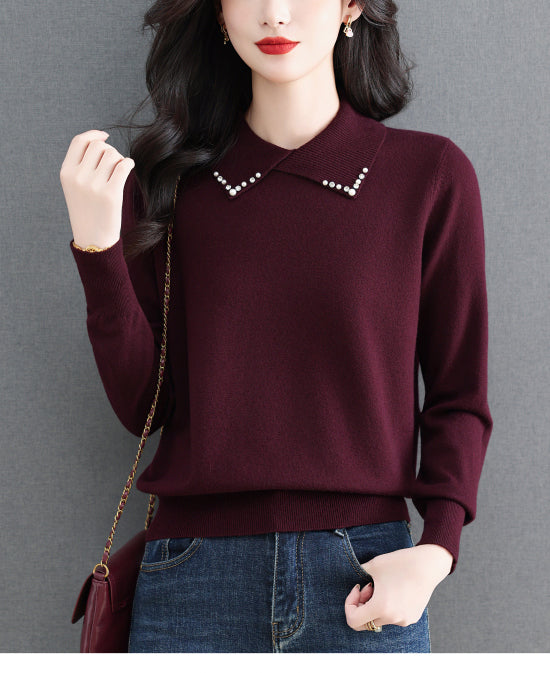 Women's Long Sleeve Sweater Lapel Collar Pullover Tops - LAI MENG FIVE CATS