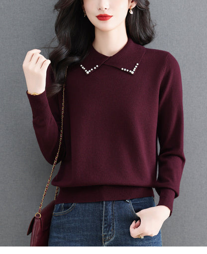 Women's Long Sleeve Sweater Lapel Collar Pullover Tops - LAI MENG FIVE CATS