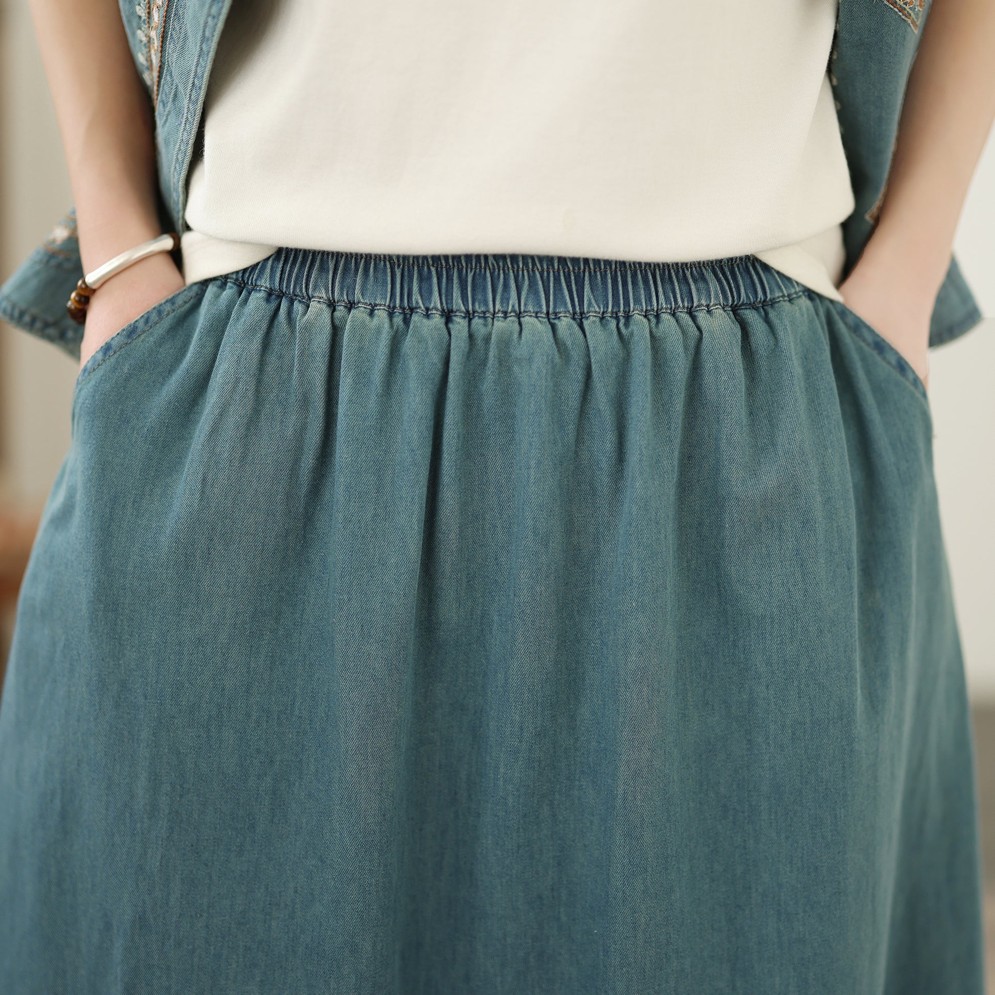 Women's Embroidered Elastic Waist Denim Jean Maxi Skirt Pocket - LAI MENG FIVE CATS