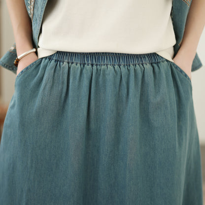Women's Embroidered Elastic Waist Denim Jean Maxi Skirt Pocket - LAI MENG FIVE CATS