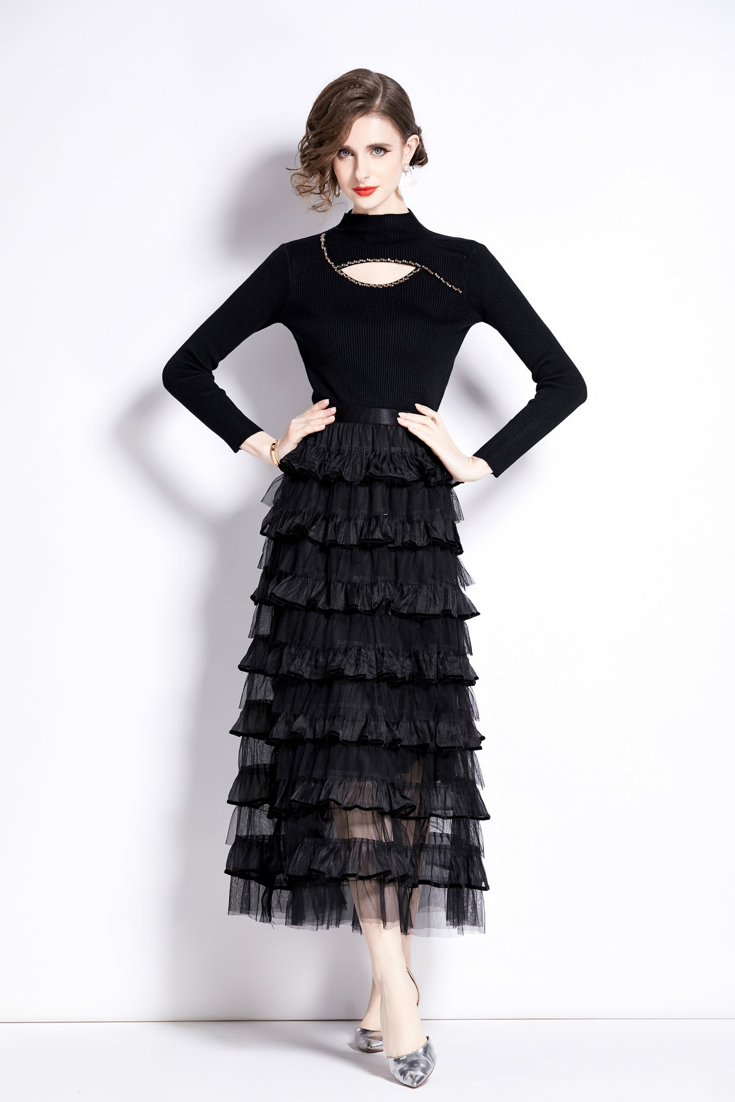 Women's 2 Piece Skirt Set Knit Top Ruffle Layered Skirt