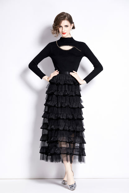 Women's 2 Piece Skirt Set Knit Top Ruffle Layered Skirt