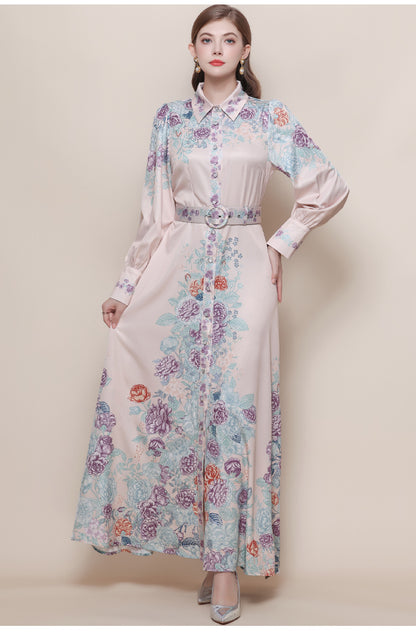 Women's Floral Print Button Maxi Dress With Belts