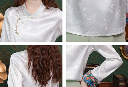 Women's Silk Satin Top Embroidered  Jacquard Shirt