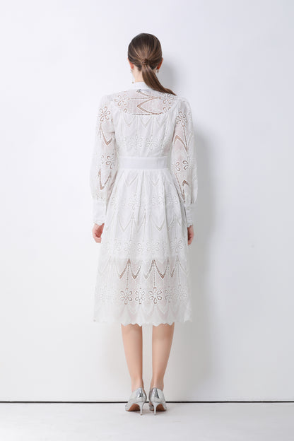 Women's V-Neck Long Sleeve Hollow Out Lace Midi Dress