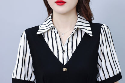 Women's Lapel V-Neck Pocket Short Sleeve Midi Dress - LAI MENG FIVE CATS