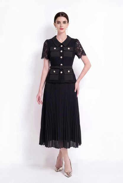 Lace Pleated Midi Dress | Elegant Fake Two-Piece Collared Dress