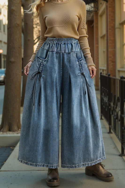 BK-Women's Loose Elastic Waist Wide Leg Denim Pants