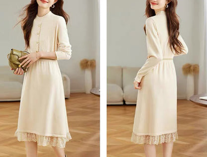 Women's Turtleneck Sweater Knit Lace Trim Midi Dress