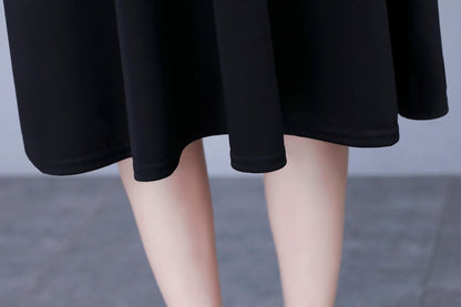 Women's V-neck Long Sleeve Patchwork Black Dress - LAI MENG FIVE CATS