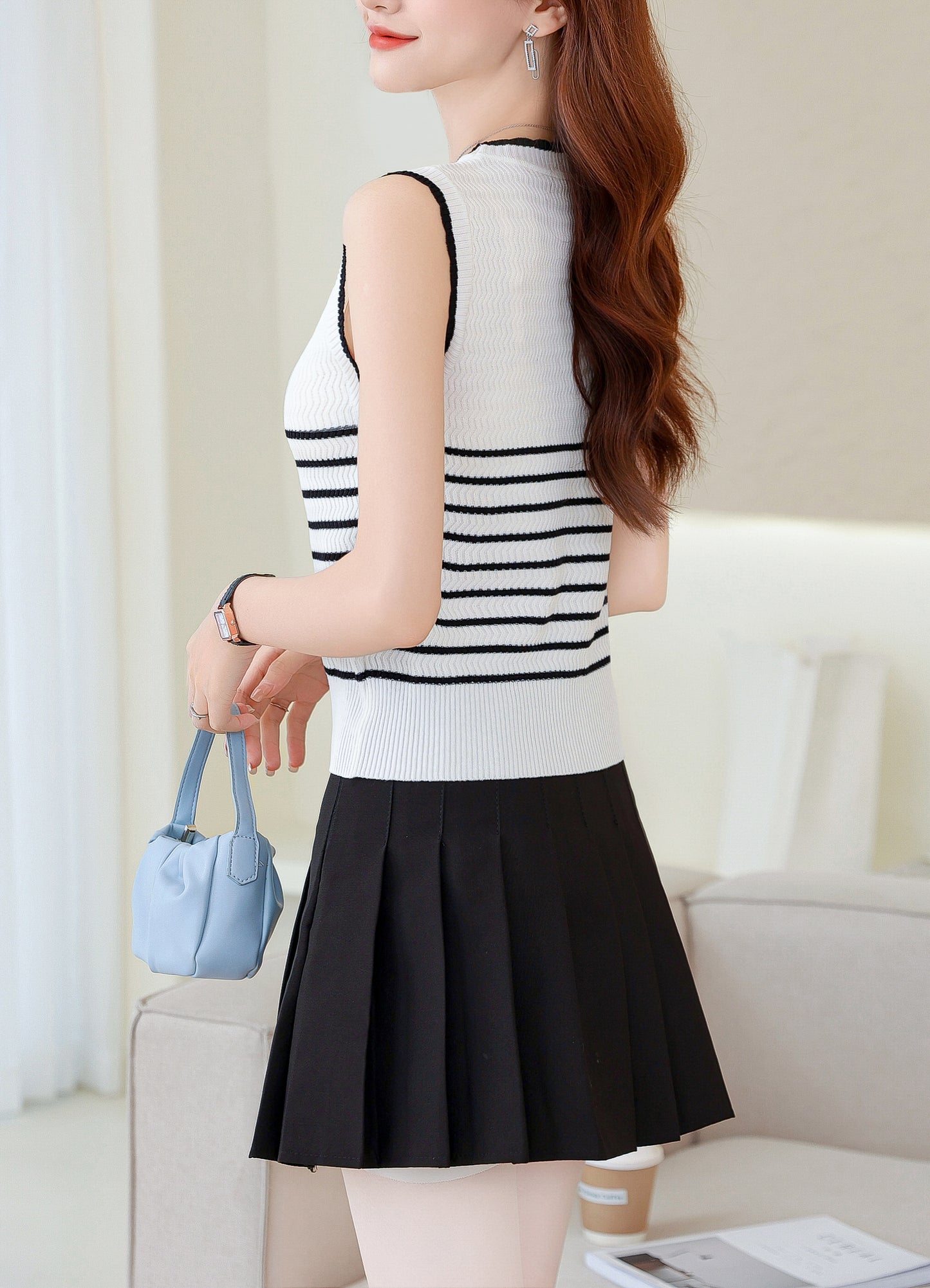 Women's Striped Sleeveless Shirt Ribbed Knit Tops