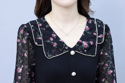 Women's Peter Pan Collar Long Sleeve Pocket Midi Dress