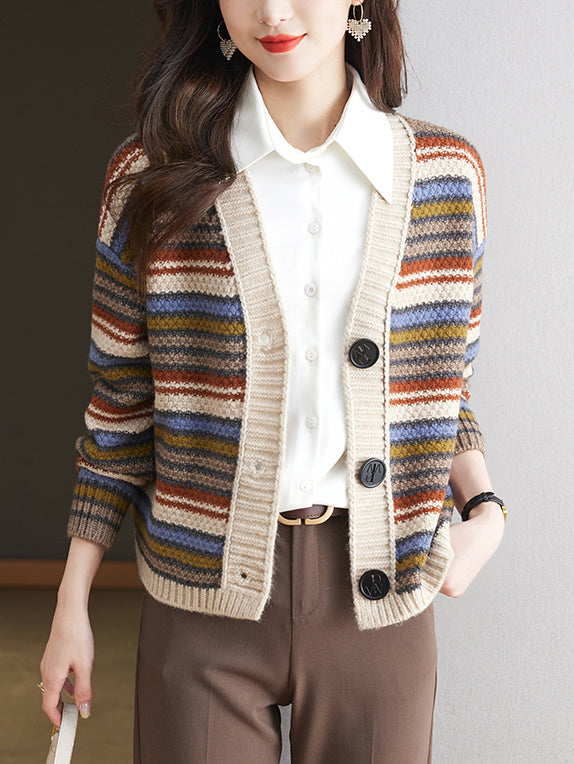 Women's Striped Cable Knit Sweater Cardigan Outerwear
