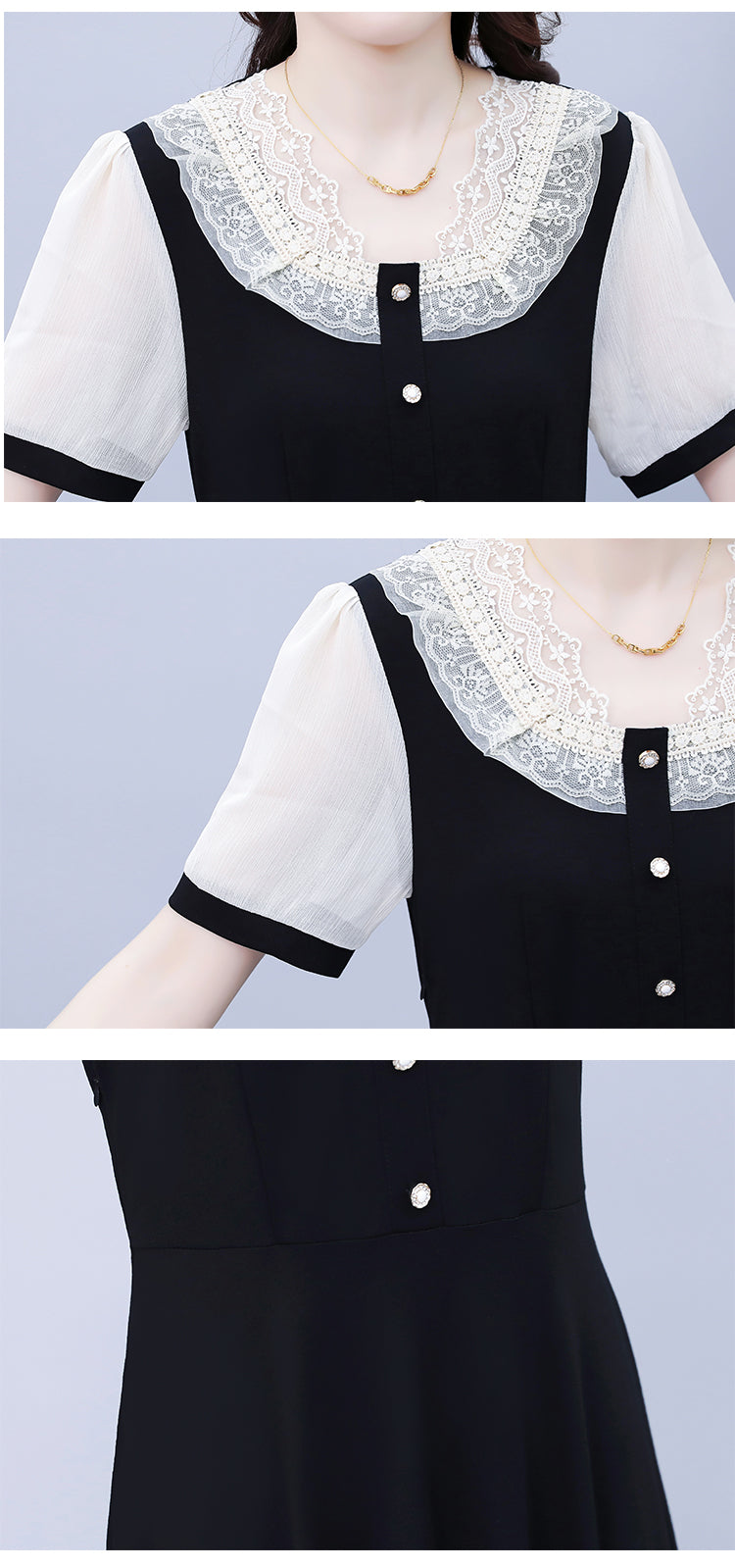 Women's Peter Pan Collar Short Sleeve A-line Midi Dress - LAI MENG FIVE CATS