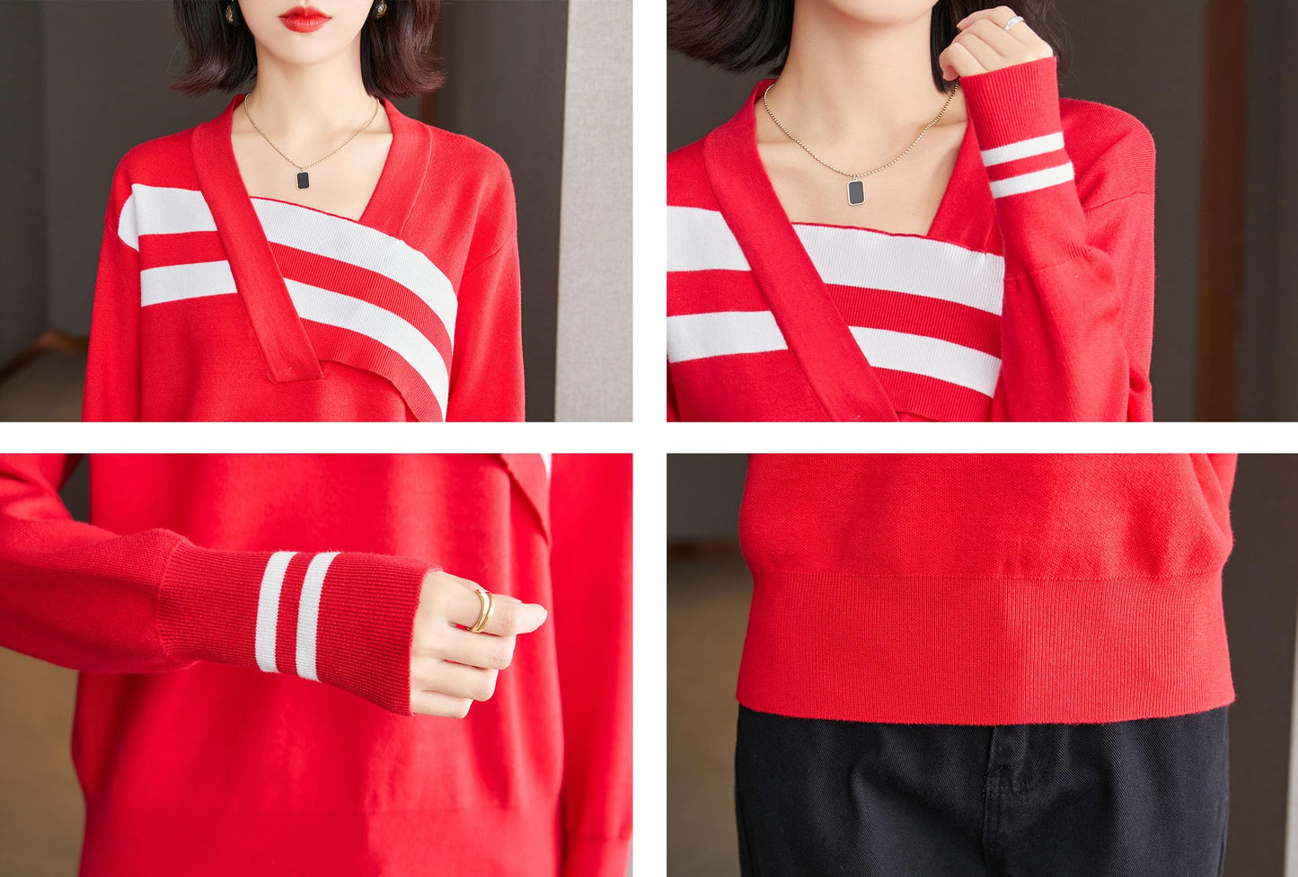 Women's Fall Striped Knit Sweater V Neck Casual T Shirts