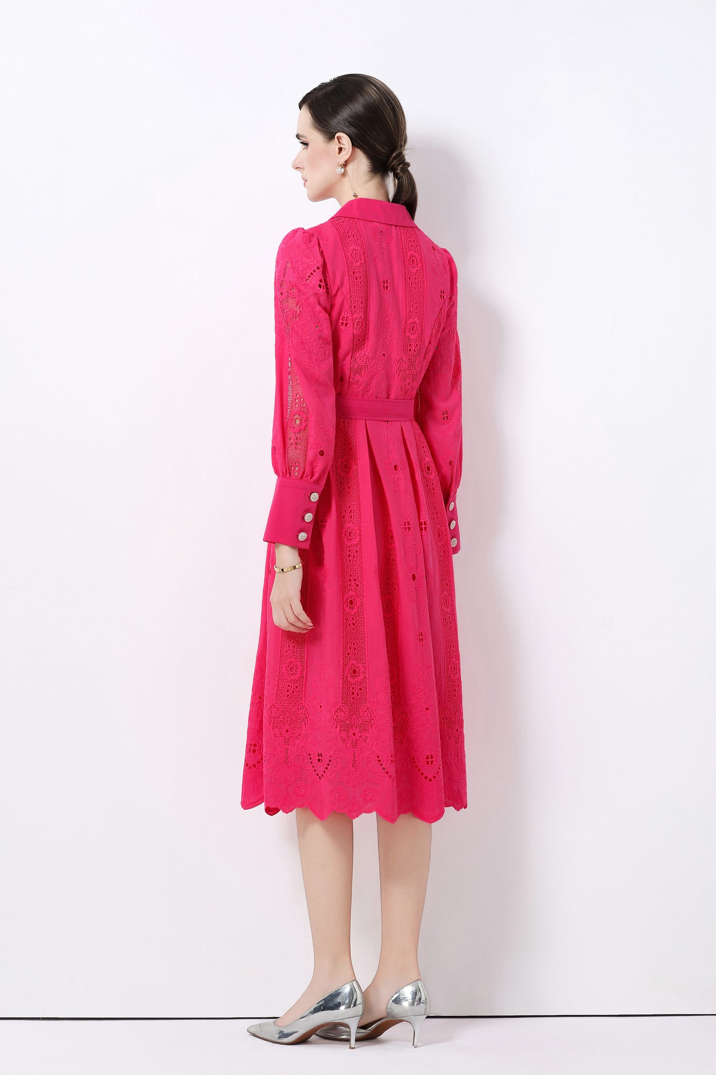 Women's Puff Sleeve Lace Hollow Out Midi Dress
