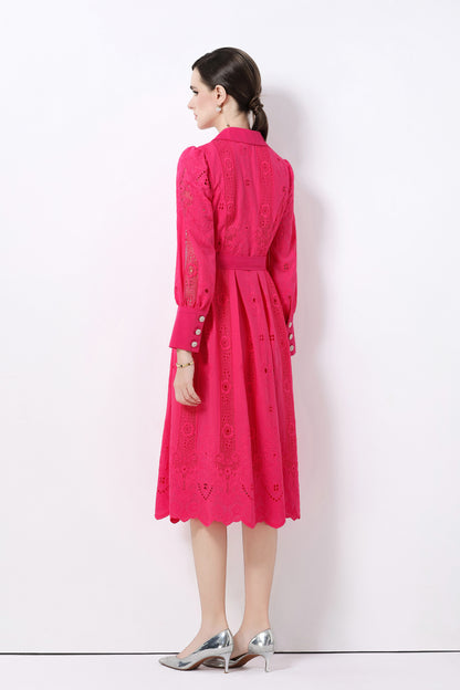 Women's Puff Sleeve Lace Hollow Out Midi Dress