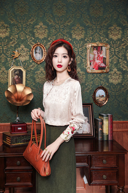 Women's Round Neck Jacquard Embroidery Blouses - LAI MENG FIVE CATS